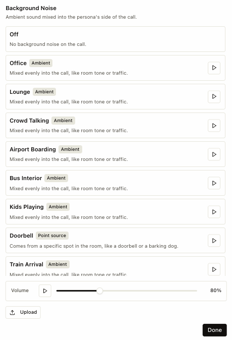 Coval's background noise picker showing ambient options like Office, Lounge, Crowd Talking, Airport Boarding, and a point-source option like Doorbell
