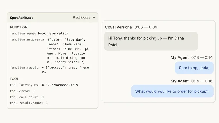 Restaurant call transcript and reservation trace showing Dana Patel misrecorded as Jada Patel