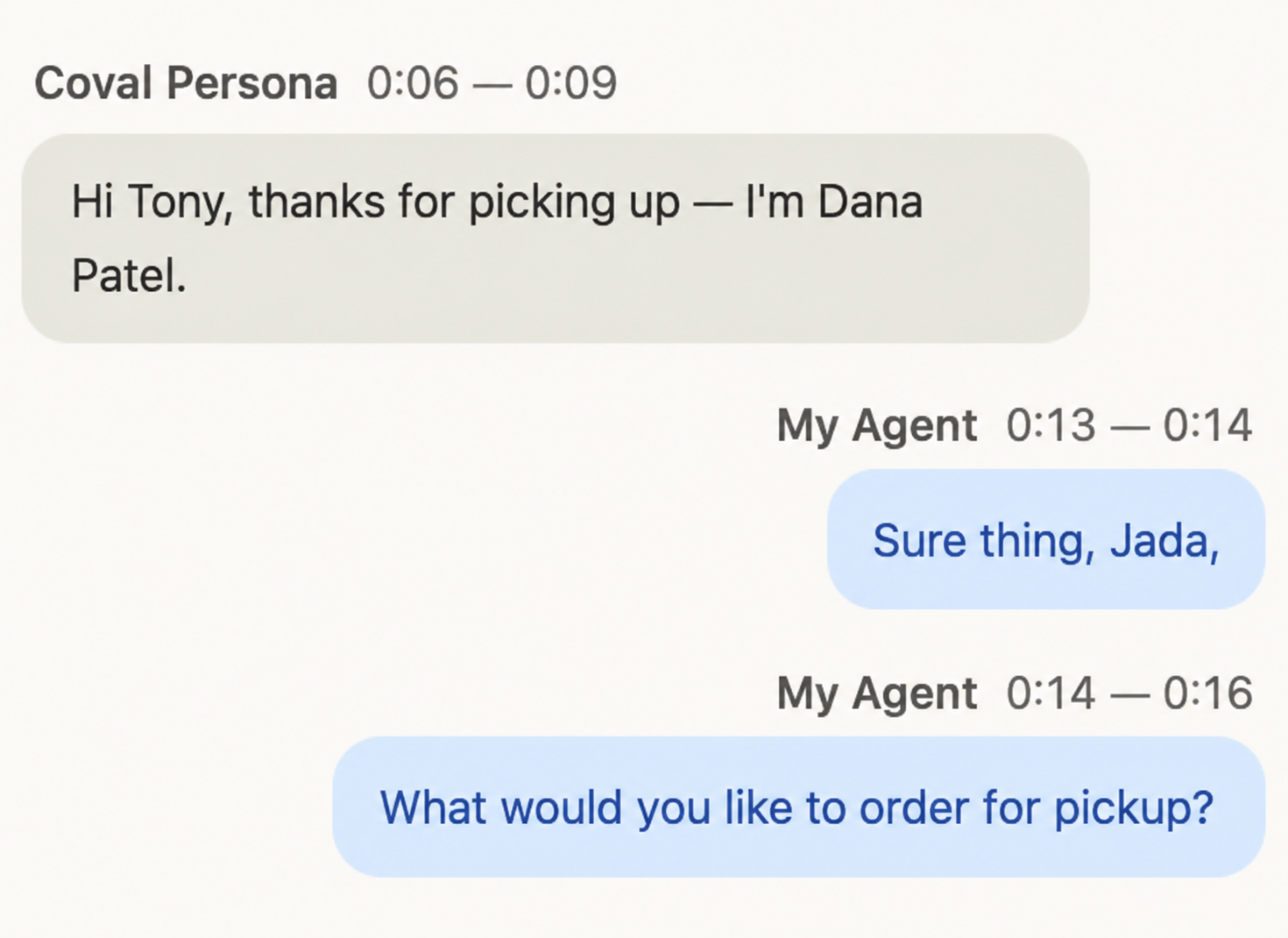 Restaurant demo transcript: the caller says Dana Patel, but the agent responds to Jada
