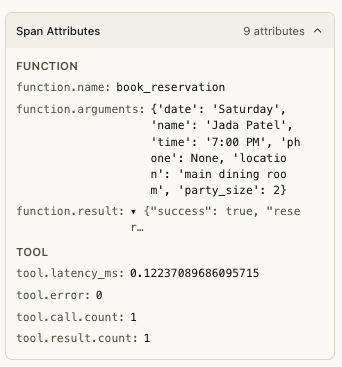 Reservation tool trace: the agent sends Jada Patel as the name